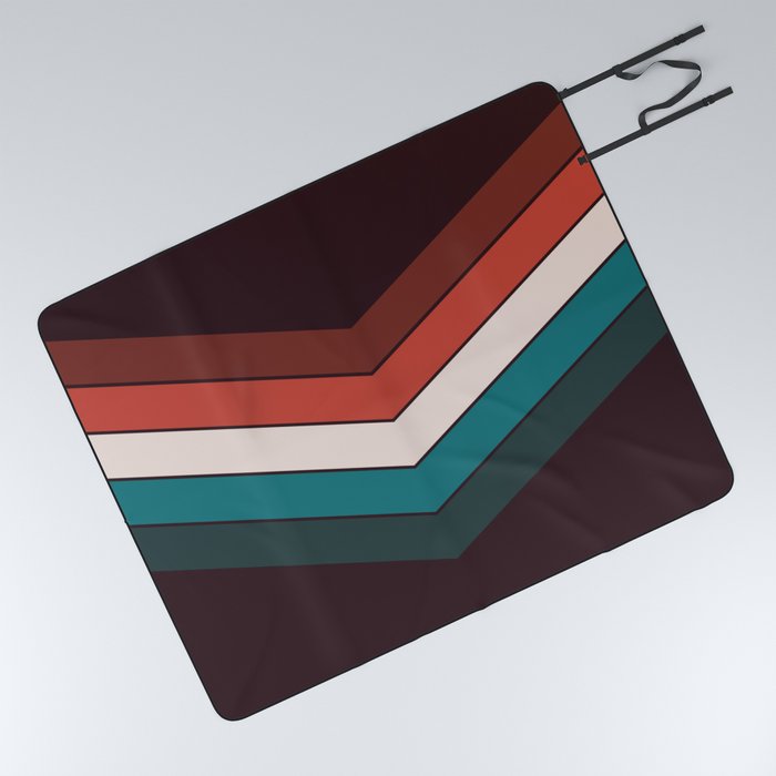 V - Red and Blue Minimalistic Colorful Retro Stripe Art Pattern on Dark Brown Picnic Blanket