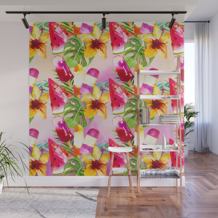 Hand Painted Pink Lilac Yellow Watercolor Summer Fruity Floral Wall Mural