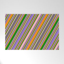 [ Thumbnail: Colorful Light Pink, Dim Grey, Purple, Dark Orange & Green Colored Stripes Pattern Welcome Mat ]