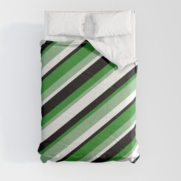 [ Thumbnail: Forest Green, Dark Sea Green, White & Black Colored Striped Pattern Comforter ]