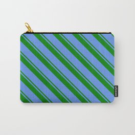 [ Thumbnail: Green and Cornflower Blue Colored Pattern of Stripes Carry-All Pouch ]
