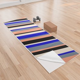 [ Thumbnail: Colorful Blue, Slate Gray, Light Salmon, Black, and Beige Colored Lined/Striped Pattern Yoga Towel ]