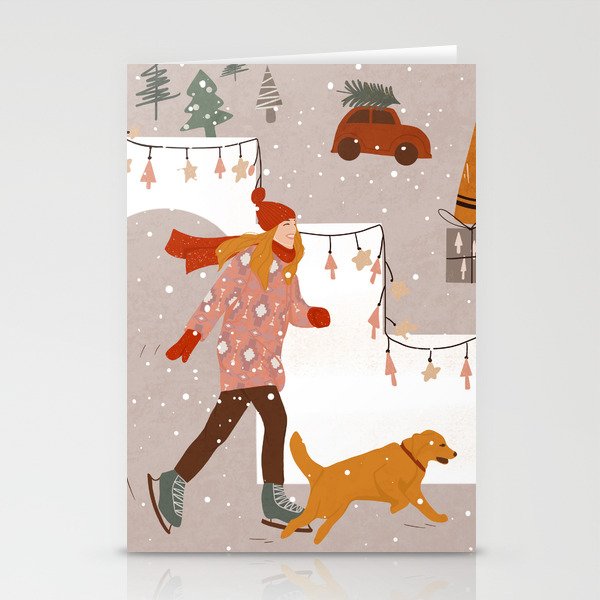 skating girl and her doggy in a Christmas snowing day Stationery Cards
