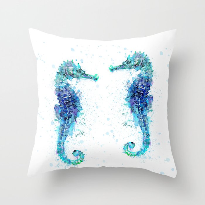 Blue Turquoise Watercolor Seahorse Throw Pillow