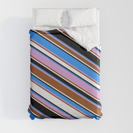 [ Thumbnail: Blue, Plum, Brown, White & Black Colored Lined/Striped Pattern Duvet Cover ]