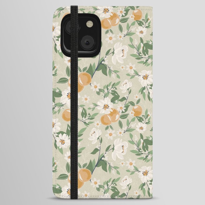 Orange in full bloom pattern illustration - beige iPhone Wallet Case