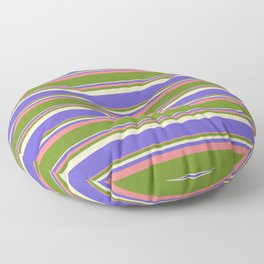 [ Thumbnail: Light Coral, Green, Bisque & Slate Blue Colored Striped/Lined Pattern Floor Pillow ]
