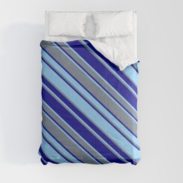 [ Thumbnail: Light Sky Blue, Slate Gray, and Dark Blue Colored Striped/Lined Pattern Comforter ]