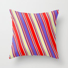 [ Thumbnail: Red, Slate Blue, and Pale Goldenrod Colored Lined/Striped Pattern Throw Pillow ]