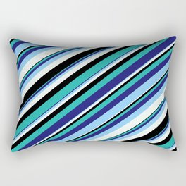 [ Thumbnail: Colorful Light Sea Green, Midnight Blue, Light Sky Blue, Mint Cream & Black Colored Stripes Pattern Rectangular Pillow ]