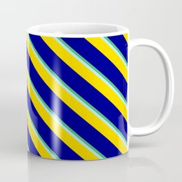 [ Thumbnail: Sea Green, Turquoise, Yellow & Blue Colored Stripes Pattern Coffee Mug ]