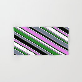 [ Thumbnail: Vibrant Slate Gray, Violet, Forest Green, Black, and White Colored Stripes Pattern Hand & Bath Towel ]