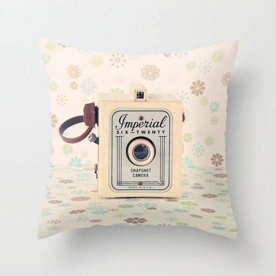 Retro Film Camera on Beige - Cream Pattern Background Throw Pillow