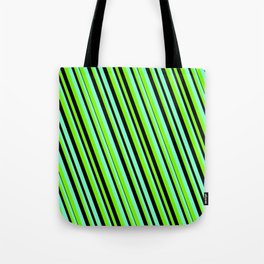 [ Thumbnail: Aquamarine, Green & Black Colored Lines/Stripes Pattern Tote Bag ]