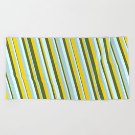[ Thumbnail: Light Blue, Yellow, Dark Olive Green & Light Cyan Colored Lined/Striped Pattern Beach Towel ]