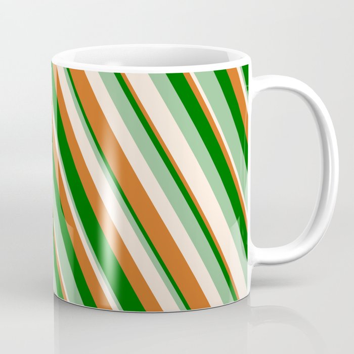 Chocolate, Dark Green, Dark Sea Green & Beige Colored Lines Pattern Coffee Mug