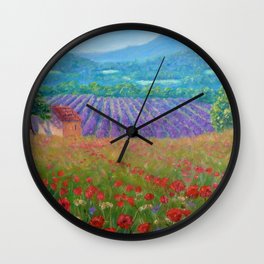 Province, France rolling hills of poppies and lavender fields floral landscape painting Wall Clock