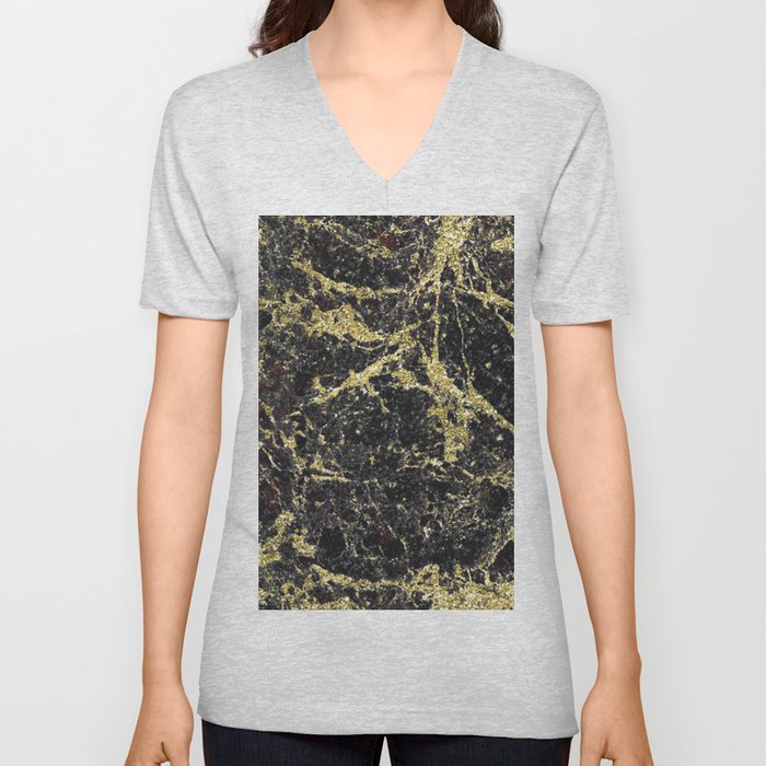 Marble - Glittery Gold Marble on Black Design V Neck T Shirt