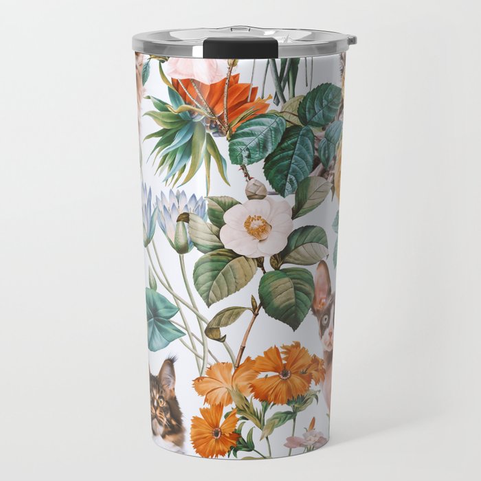 Cat and Floral Pattern III Travel Mug