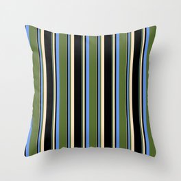 [ Thumbnail: Cornflower Blue, Dark Olive Green, Bisque, and Black Colored Striped Pattern Throw Pillow ]