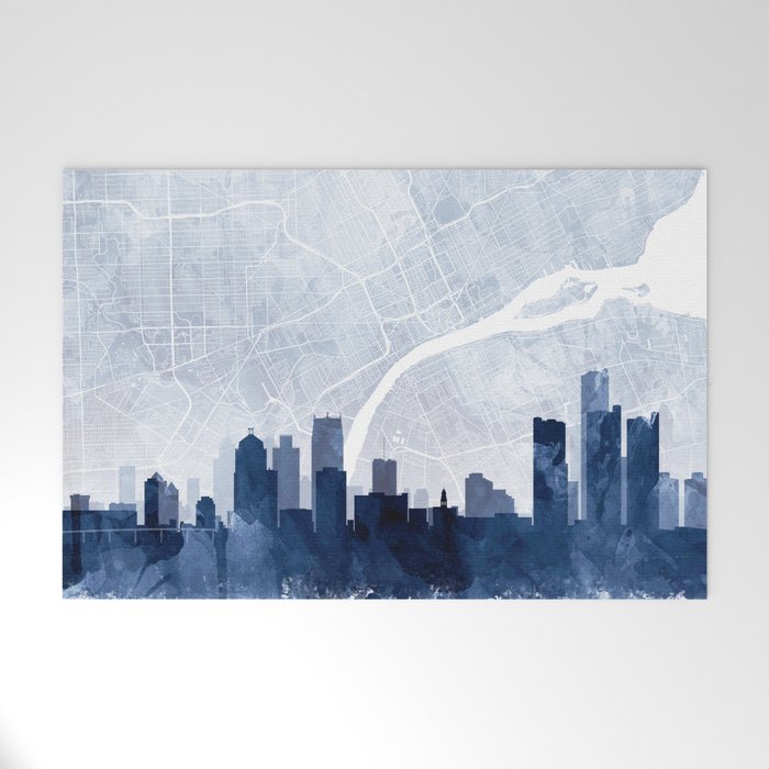 Detroit Skyline & Map Watercolor Navy Blue, Print by Zouzounio Art Welcome Mat