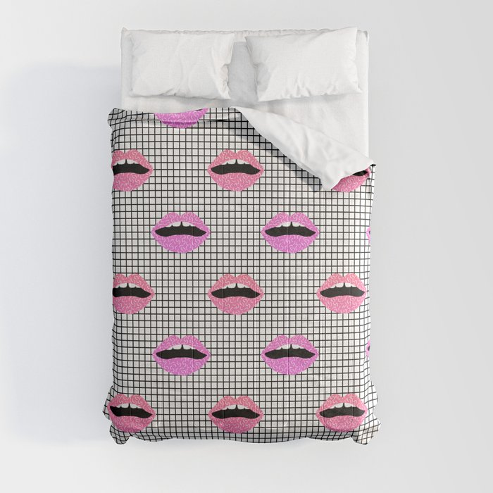 Lips - hot pink lips with grid modern abstract minimal pop art hipster urban brooklyn nashville Comforter