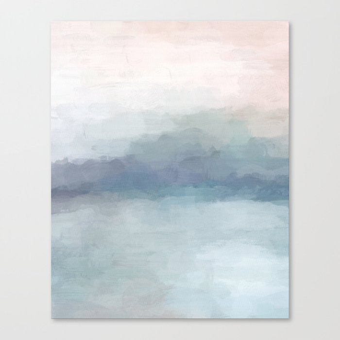 Atlantic Ocean Sunrise I - Blush Pink Mint Sky Baby Blue Abstract Sky Wall Art Water Clouds Painting Canvas Print