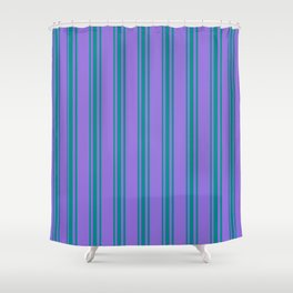 [ Thumbnail: Purple & Dark Cyan Colored Stripes Pattern Shower Curtain ]
