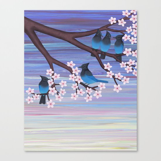 Steller’s jays and cherry blossoms Canvas Print