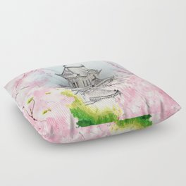 Himeji Castle , Art Watercolor Painting print by Suisai Genki , cherry blossom , Japanese Castle Floor Pillow