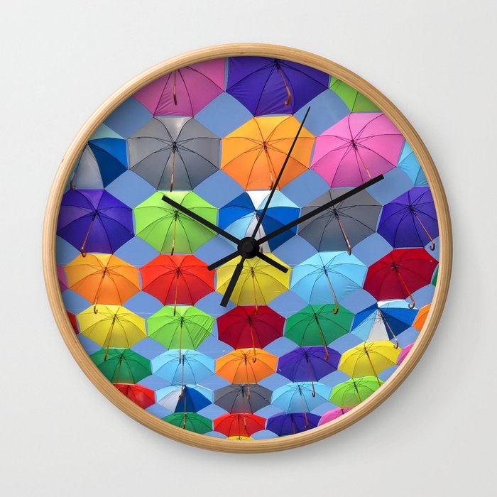 Myriads of Colorful Umbrellas Floating in the Sky portrait painting Wall Clock