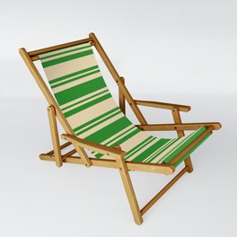 [ Thumbnail: Forest Green and Tan Colored Lined Pattern Sling Chair ]
