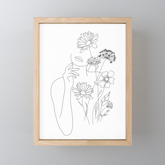 Minimal Line Art Woman With Flowers Iii Framed Mini Art Print By Nadja1 Society6,Tiger Line Drawing Womens Unique Lion Tattoo