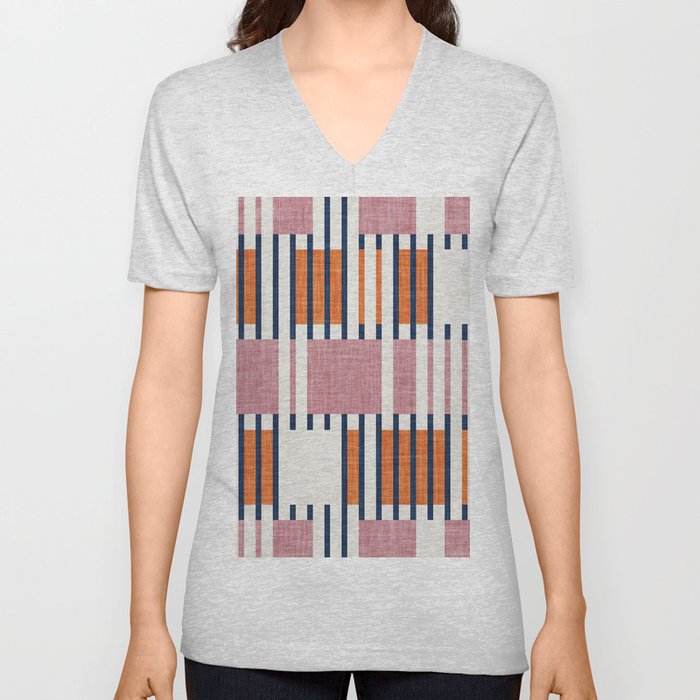 Bold minimalist retro stripes // midnight blue orange and dry rose geometric grid  V Neck T Shirt