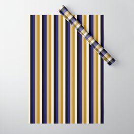 [ Thumbnail: Vibrant Midnight Blue, Tan, Dark Goldenrod, Beige, and Black Colored Lines Pattern Wrapping Paper ]