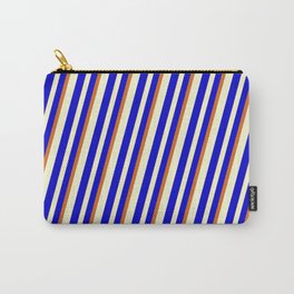 [ Thumbnail: Light Yellow, Blue & Chocolate Colored Lined/Striped Pattern Carry-All Pouch ]