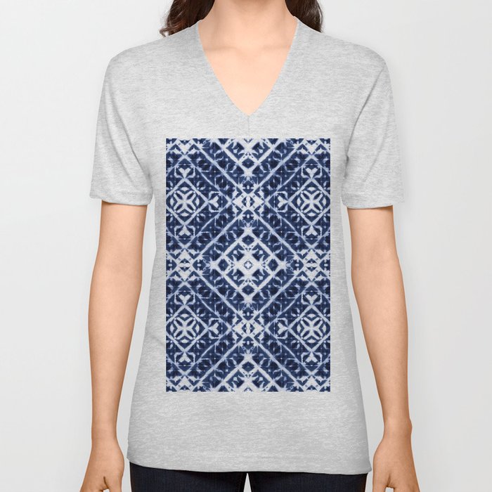 Baroque tie dye of white and indigo blue squares V Neck T Shirt