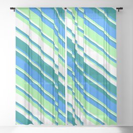 [ Thumbnail: Dark Cyan, Blue, Green & White Colored Striped Pattern Sheer Curtain ]