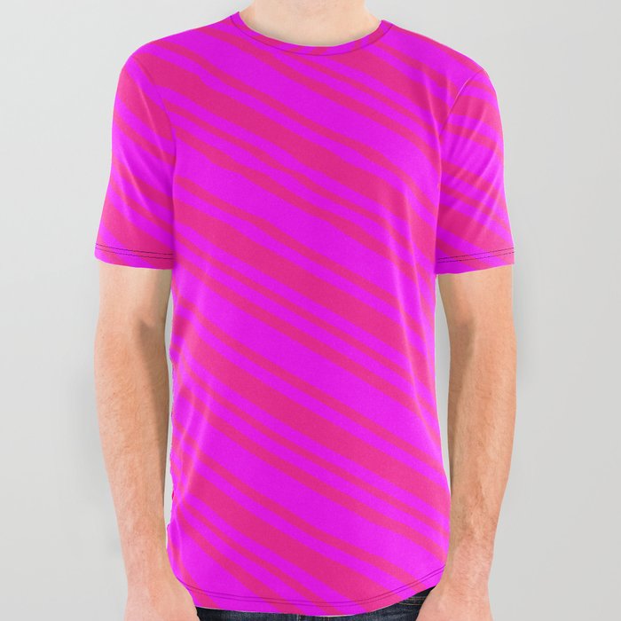 Fuchsia and Deep Pink Colored Striped Pattern All Over Graphic Tee
