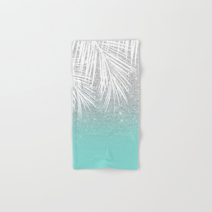 Modern tropical white palm tree silver glitter ombre on robbin egg blue turquoise Hand & Bath Towel