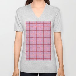 Retro Pink + Red Tiles Checker Plaid V Neck T Shirt