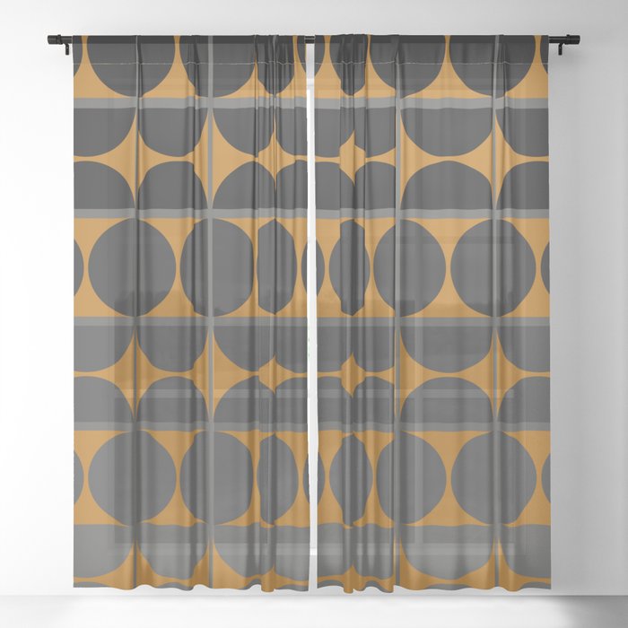 Black and Gray Gradient with Gold Squares and Half Circles Digital Illustration - Artwork Sheer Curtain