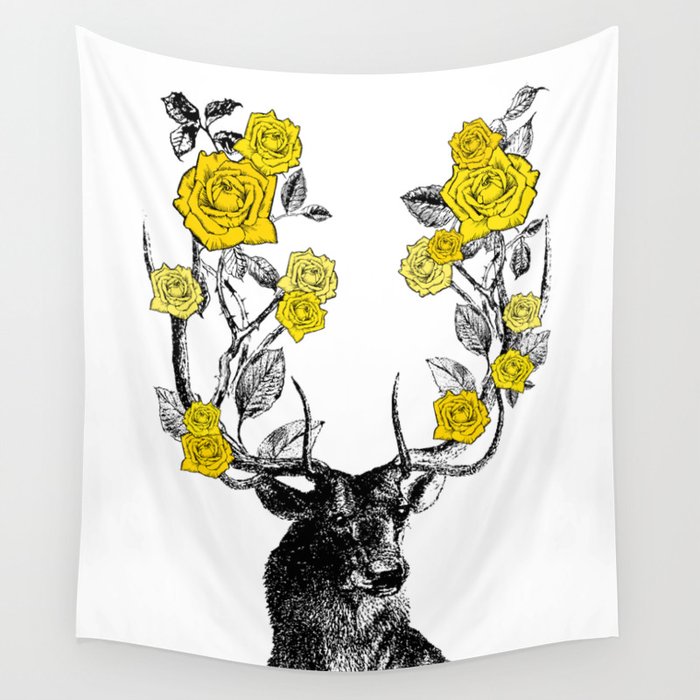 The Stag and Roses Deer and Flowers Yellow Vintage Stag