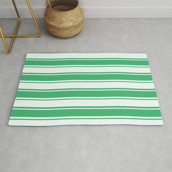 Sea Green and Mint Cream Colored Pattern of Stripes Rug