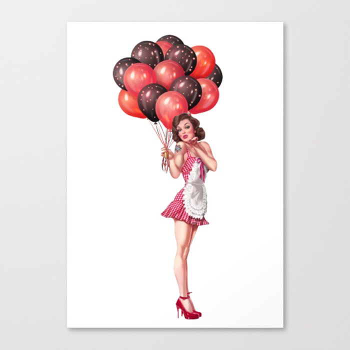 Sexy Brunette Pin Up With Tattoo, Baloons And Maid Dress Canvas Print