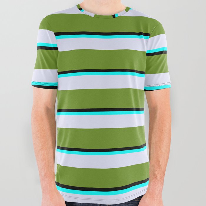 Black, Aqua, Lavender & Green Colored Stripes Pattern All Over Graphic Tee