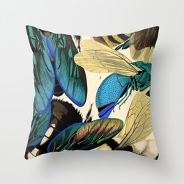 Vintage Art Nouveau Blue Wasps Throw Pillow