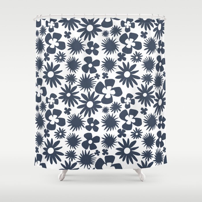 Mid-Century Modern Navy Blue Wild Flowers Shower Curtain