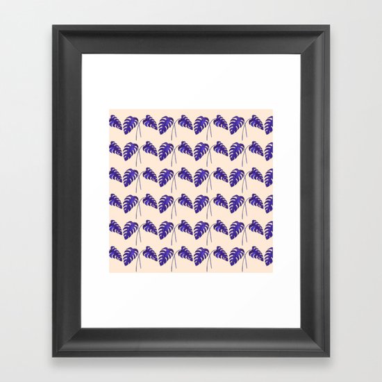 Indigo Monstera Leaf Watercolor on Blush Framed Art Print