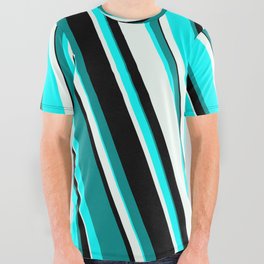 [ Thumbnail: Dark Cyan, Aqua, Mint Cream, and Black Colored Striped Pattern All Over Graphic Tee ]